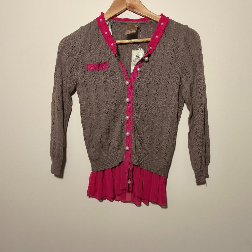 NWT Y2K Twelve To Twelve Ruffle Pearl Button Cardigan sz S Taupe Pink Coquette